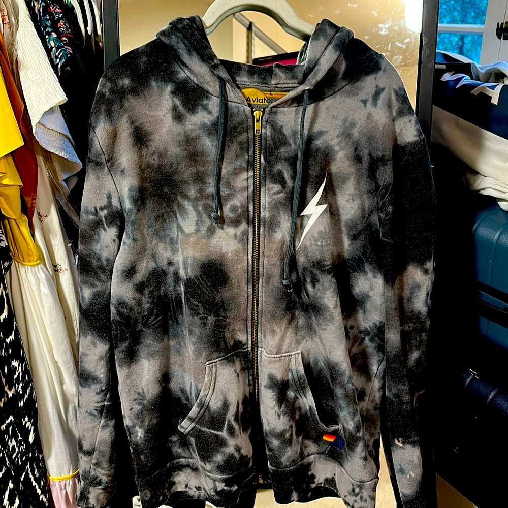 AviatorNation black tie dye zip with thunder bolt hoodie.